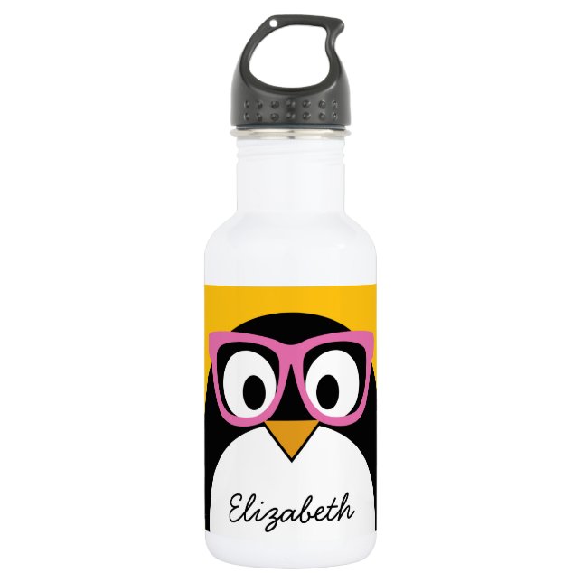 Hipster Penguin - Cute Cartoon Yellow Pink 532 Ml Water Bottle (Front)