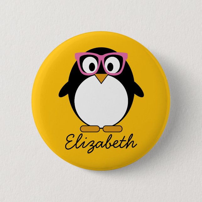 Hipster Penguin - Cute Cartoon Yellow Pink 6 Cm Round Badge (Front)