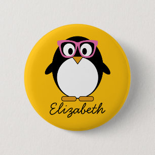 Hipster Penguin - Cute Cartoon Yellow Pink 6 Cm Round Badge