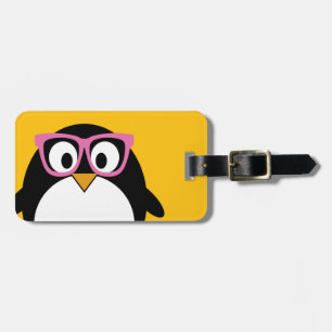 Hipster Penguin - Cute Cartoon Yellow Pink Luggage Tag