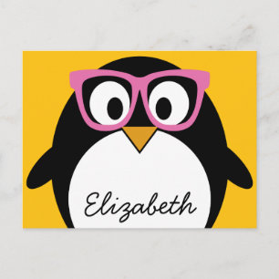 Hipster Penguin - Cute Cartoon Yellow Pink Postcard