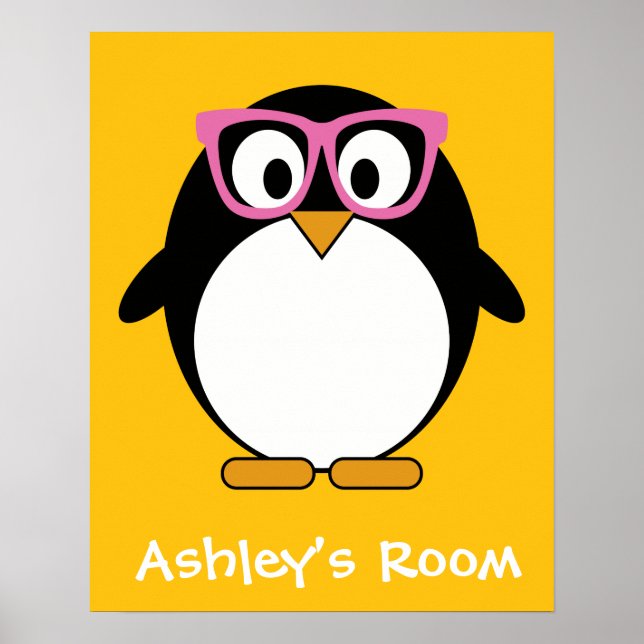Hipster Penguin - Cute Cartoon Yellow Pink Poster (Front)