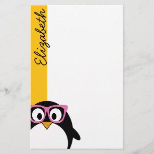 Hipster Penguin - Cute Cartoon Yellow Pink Stationery