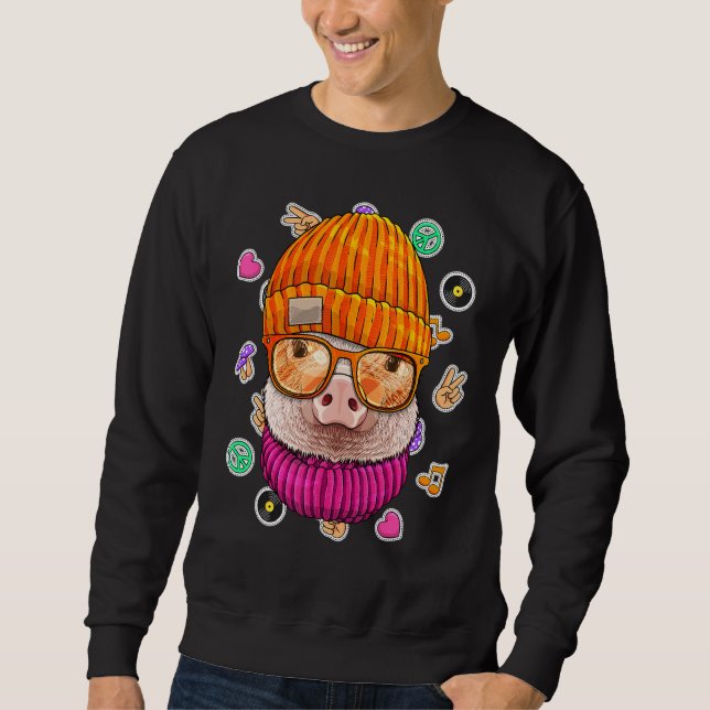 Hipster Pig Geek Nerd Glasses Farm Animal Love Pea Sweatshirt (Front)
