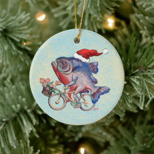 Hipster Piranha On A Bicycle Wearing Santa Hat Ceramic Ornament
