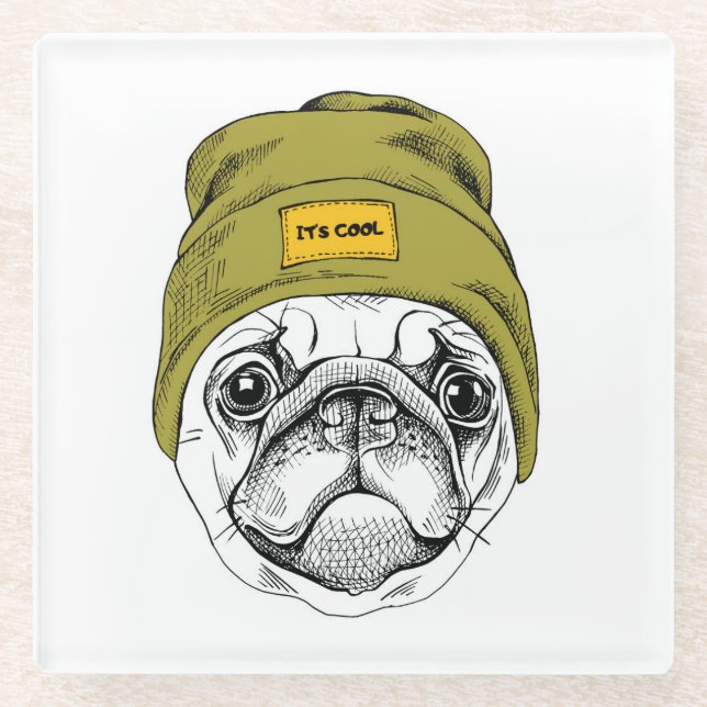 Hipster Pug | It's Cool Glass Coaster (Front)
