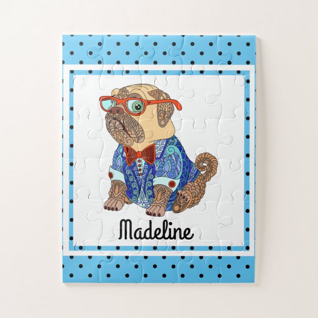 Hipster Pug on Polka Dots, Personalised Kids Jigsaw Puzzle (Vertical)