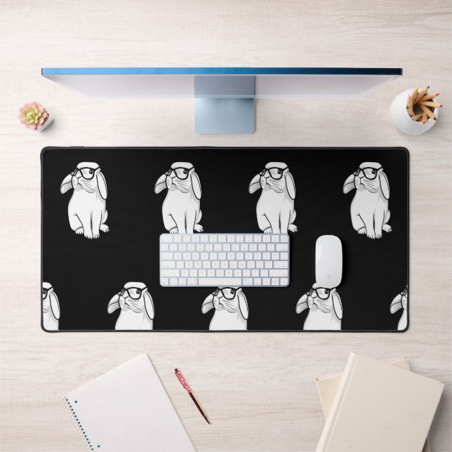 Hipster Rabbit Funny Bunny With Glasses Cute Anima Desk Mat (Office 1)