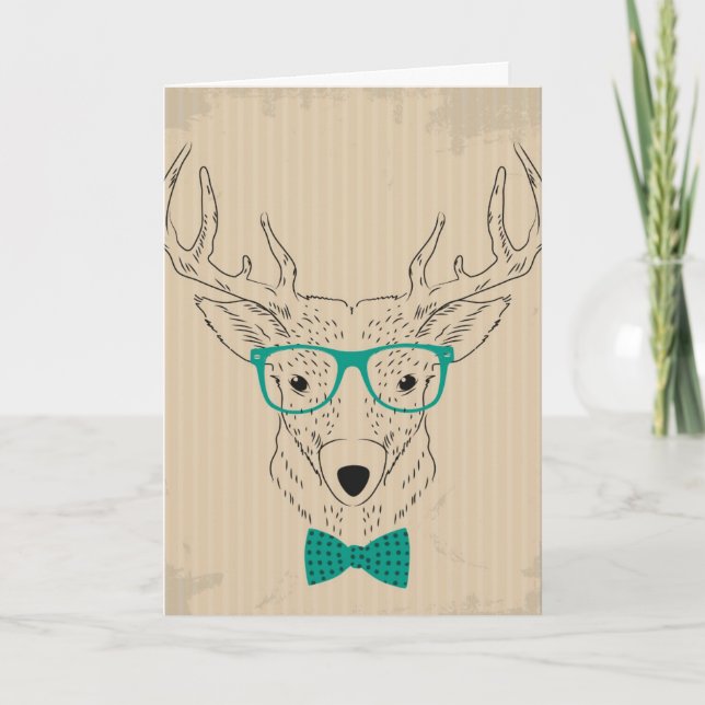 Hipster Reindeer Elk with glasses grungy Christmas Holiday Card (Front)