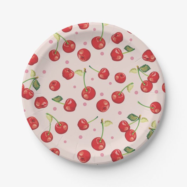 Hipster,retro,cherry,pattern,red,pink,pale,cute, Paper Plate (Front)