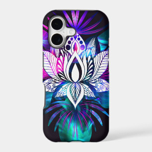 Hipster Retro Tech Teal Purple Lotus Flower Leaf