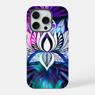 Hipster Retro Tech Teal Purple Lotus Flower Leaf iPhone 15 Pro Case