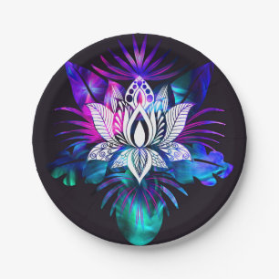 Hipster Retro Tech Teal Purple Lotus Flower Leaf Paper Plate