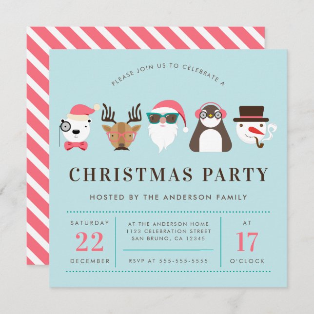 Hipster Santa & Friends Christmas Party Invitation (Front/Back)