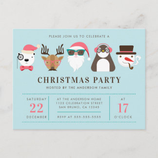 Hipster Santa & Friends Christmas Party Invitation Postcard