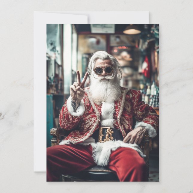 Hipster Santa Strikes a Pose Peace Holiday Vibes Card (Front)
