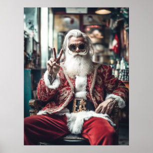 Hipster Santa Strikes a Pose Peace Holiday Vibes Poster