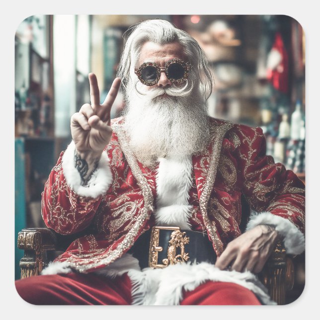 Hipster Santa Strikes a Pose Peace Holiday Vibes Square Sticker (Front)
