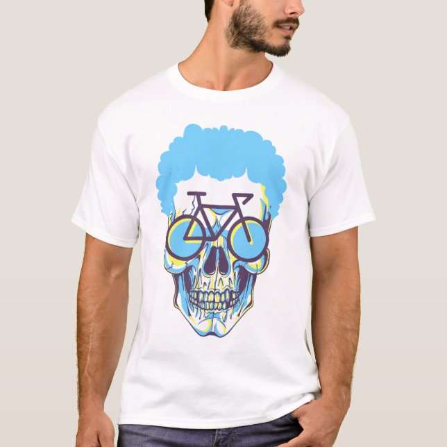 Hipster Skull Bike Modern White Art Illustration T-Shirt (Front)