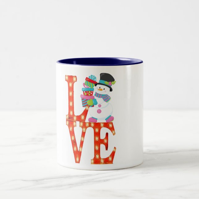 hipster snowman presents love merry christmas Two-Tone coffee mug (Center)