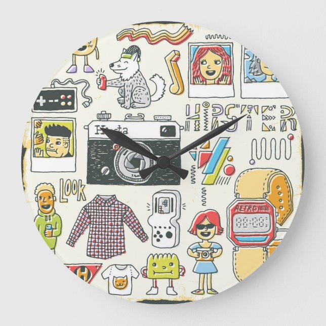 Hipster swag: hand-drawn doodle set large clock (Front)