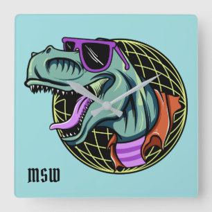Hipster T-Rex custom monogram & color wall clock