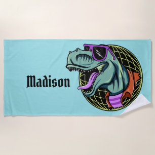 Hipster T-Rex custom name & colour beach towel