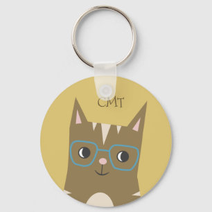 Hipster Tabby Cat with Glasses   Monogram Key Ring
