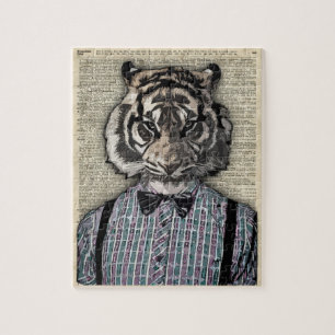 HIPSTER TIGER Plaid Shirt Vintage Dictionary Art Jigsaw Puzzle