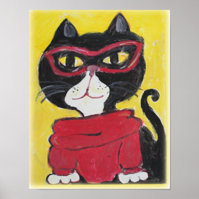 Hipster Turtleneck Cat Folk Art Cool Style Poster (Front)