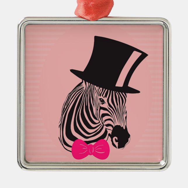 Hipster Zebra with top hat and Bow Tie Metal Ornament (Front)