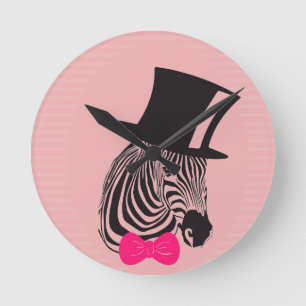 Hipster Zebra with top hat and Bow Tie Round Clock