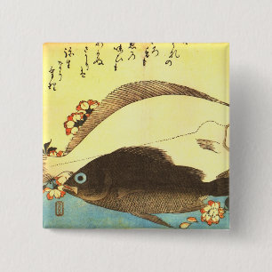 Hirame & Mebaru - Hiroshige's Japanese Fish Print 15 Cm Square Badge