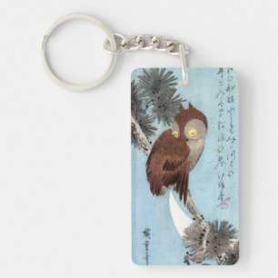 Hiroshige - Horned Owl, Pine, and Crescent Moon Key Ring