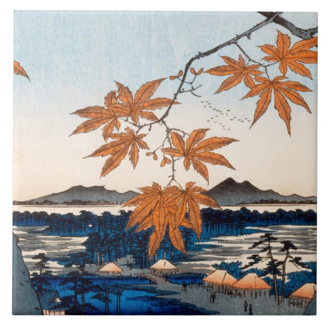Hiroshige Maple Trees at Mama, Tekona Shrine Ceramic Tile (Front)