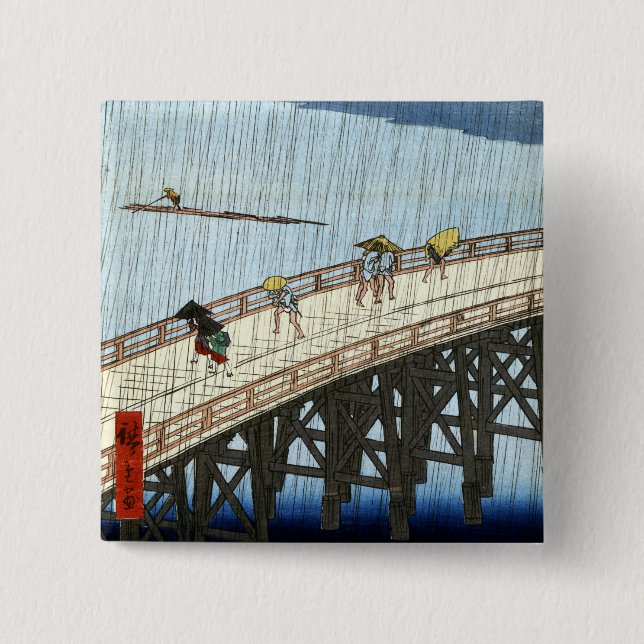 Hiroshige Sudden Shower over Shin-Ōhashi Bridge 15 Cm Square Badge (Front)