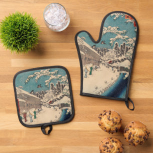 Hiroshige winter landscape japan ukiyo-e antique oven mitt & pot holder set