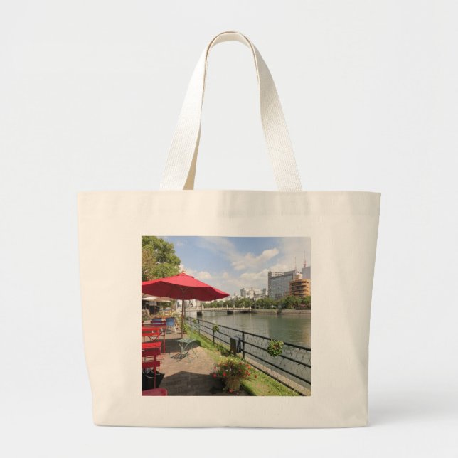 Hiroshima City. At an open cafe along the Kyobashi Large Tote Bag (Front)