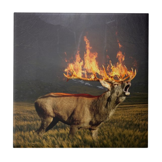 Hirsch with Horns on Fire Fantasy Art Tile (Front)