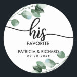 His and Her Favourite Greenery Wedding Classic Round Sticker<br><div class="desc">Get ready to be mesmerised by our breathtaking greenery wedding suite! Featuring a delicate illustration of eucalyptus leaves paired with bold, elegant calligraphy, it’s the perfect match for your enchanting garden-themed wedding. If you're missing any items or have a special request, don’t hesitate to reach out via chat—I’m here to...</div>