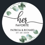 His and Her Favourite Greenery Wedding Classic Round Sticker<br><div class="desc">Get ready to be mesmerised by our breathtaking greenery wedding suite! Featuring a delicate illustration of eucalyptus leaves paired with bold, elegant calligraphy, it’s the perfect match for your enchanting garden-themed wedding. If you're missing any items or have a special request, don’t hesitate to reach out via chat—I’m here to...</div>