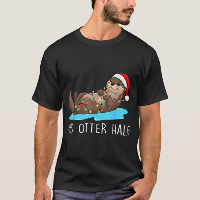 His And Her Otter Half Santa Hat Couple Christmas  T-Shirt (Front)