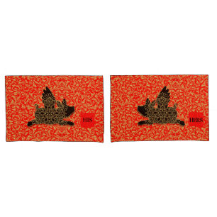 His and Hers Chinese Pig Flying Silhouette Red Pillowcase