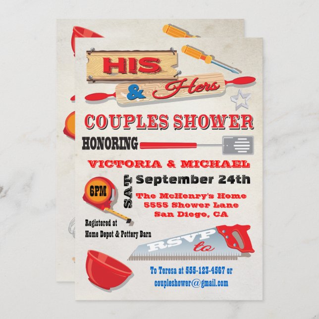 His and Hers Couples Tools Kitchen Shower Invites (Front/Back)