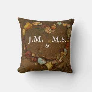 His and Hers Initials Heart of pebbles on Beach Cushion