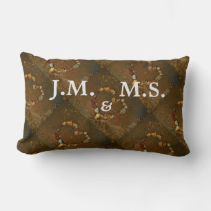 His and Hers Initials Heart of pebbles on Beach Lumbar Cushion