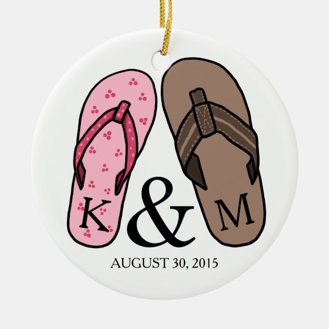 His and Hers Monogrammed Wedding Flip Flops Ceramic Tree Decoration (Front)
