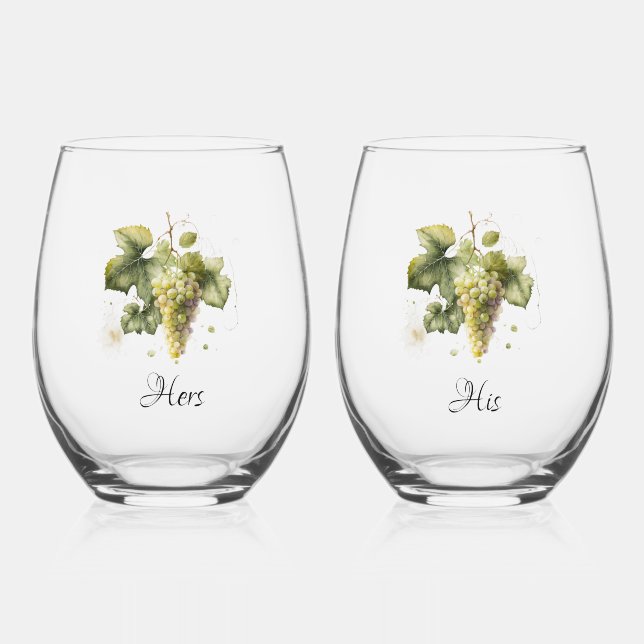 "His and Hers" Stemless Wine Glasses w Grapes (Front)