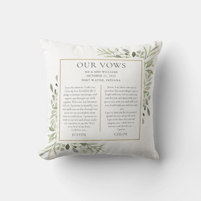 His And Hers Wedding Vows Photo Greenery Foliage Cushion (Front)