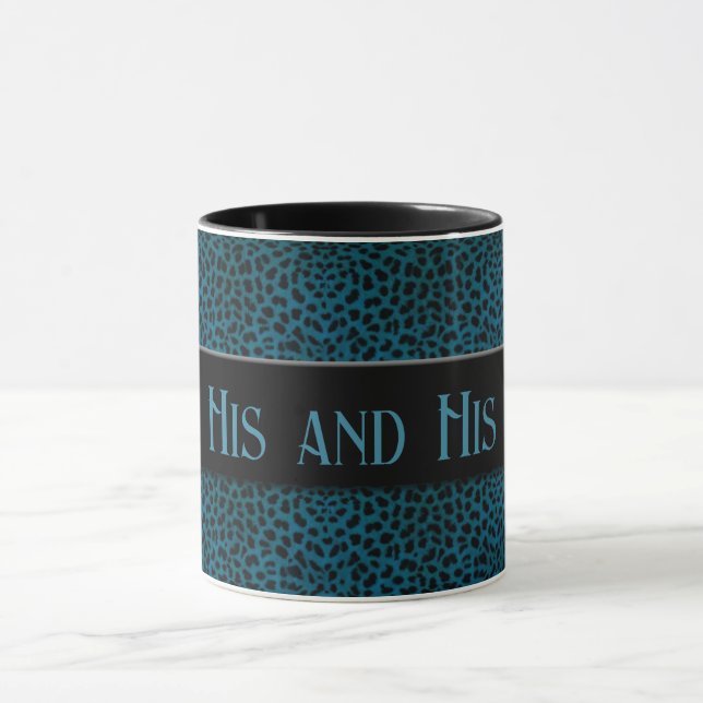 His and His Blue Cheetah Print Personalised Mug (Center)